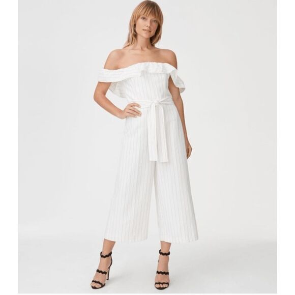 Club Monaco Naveah Jumpsuit, White Stripe Off Shoulders, Size 8, MP $289 - Picture 3 of 11